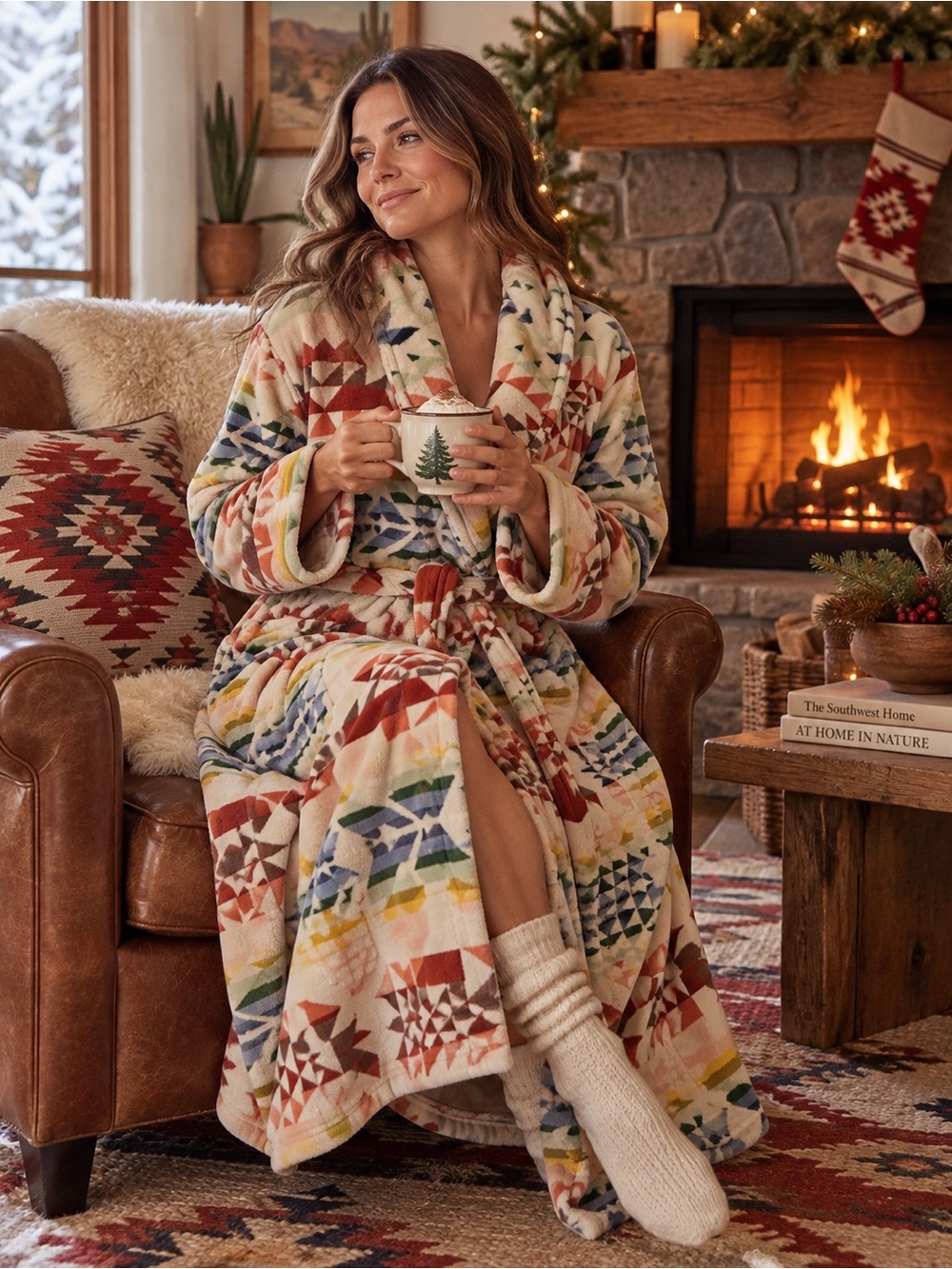 Pendleton Cream Multi-Color Tribal plush Robe. 100% cotton. Ladies XL
